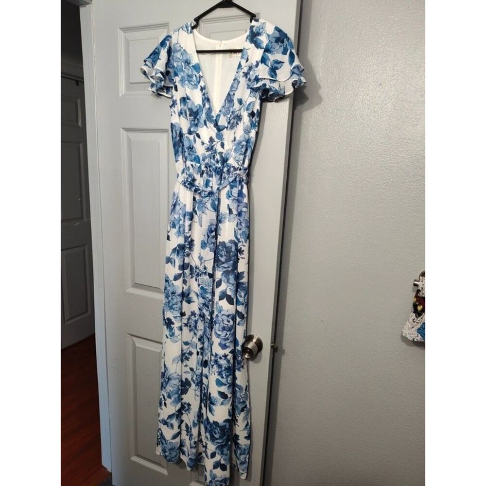 Eliza J Nordstrom women's maxi long blue white floral lightweight belt dress 8